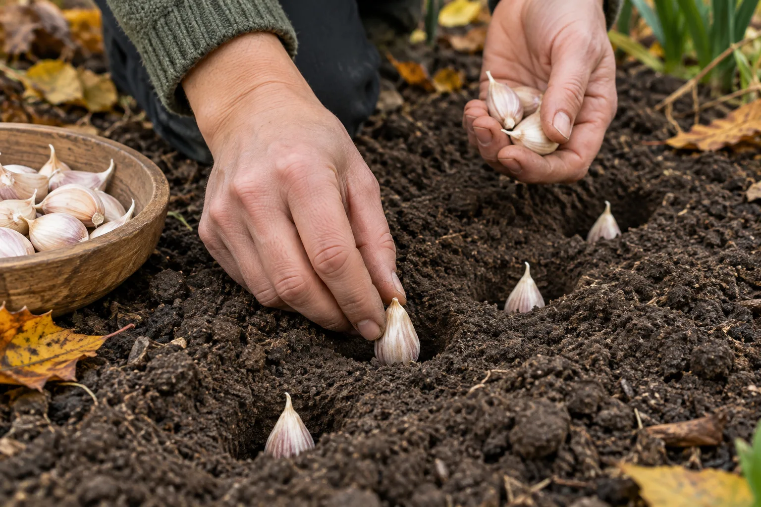 Des caïeux d’ail sont placés pointe vers le haut dans la terre du potager.