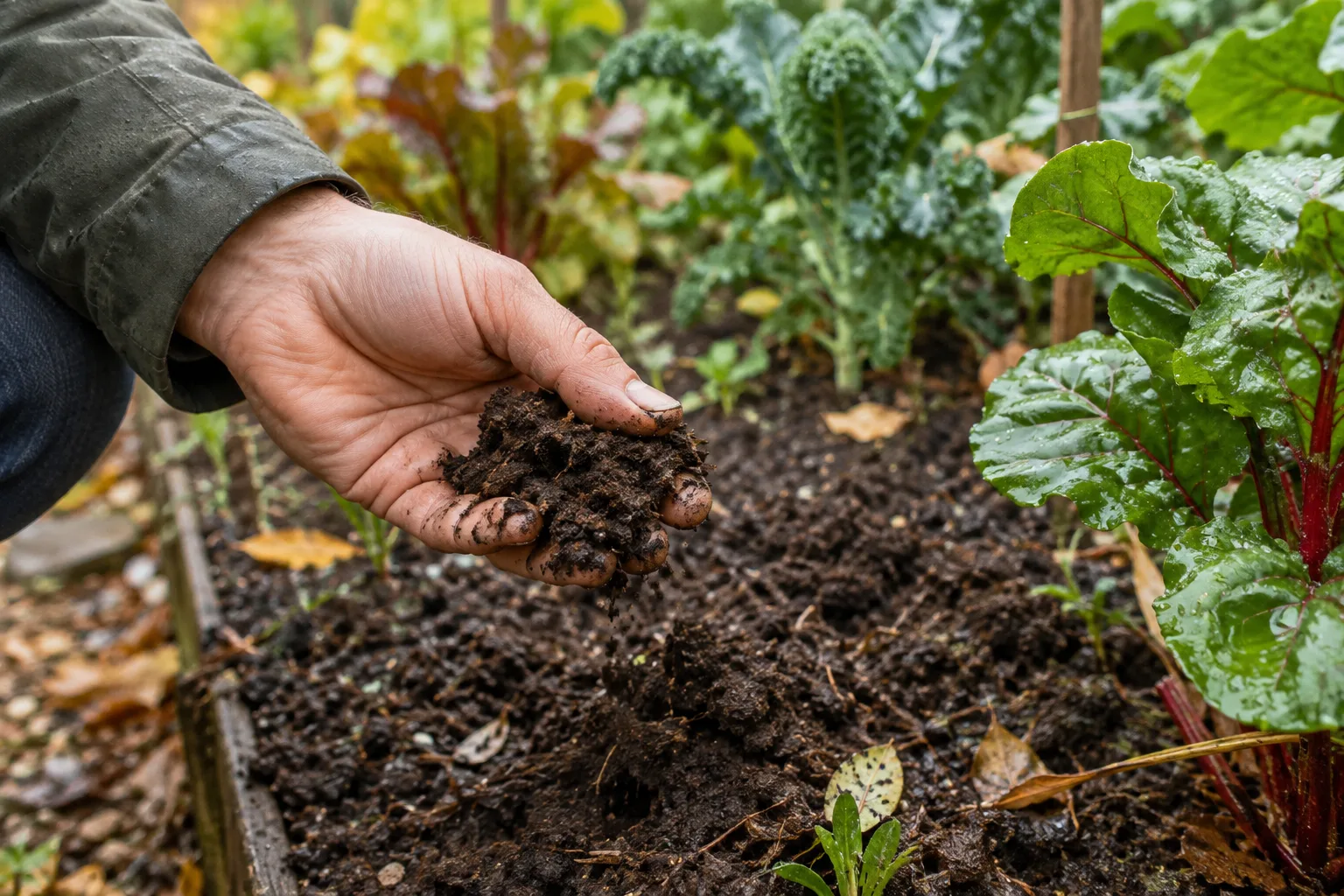 Une main vérifie la texture d’une terre humide après la pluie.