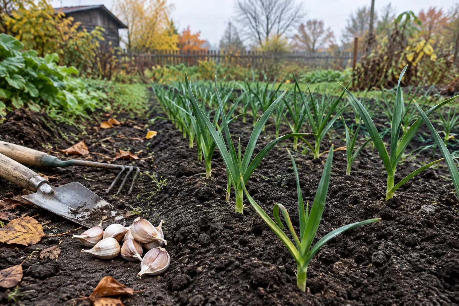 Rang de jeunes plants d’ail dans une parcelle de potager à l’automne.