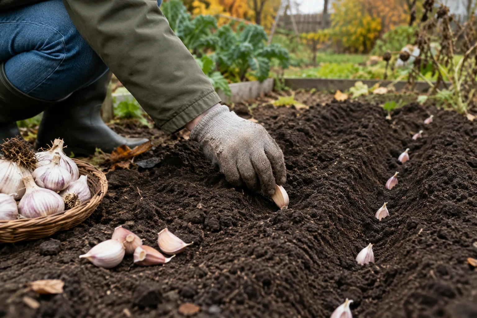 Des caïeux d’ail sont plantés en rang dans une terre meuble au potager.