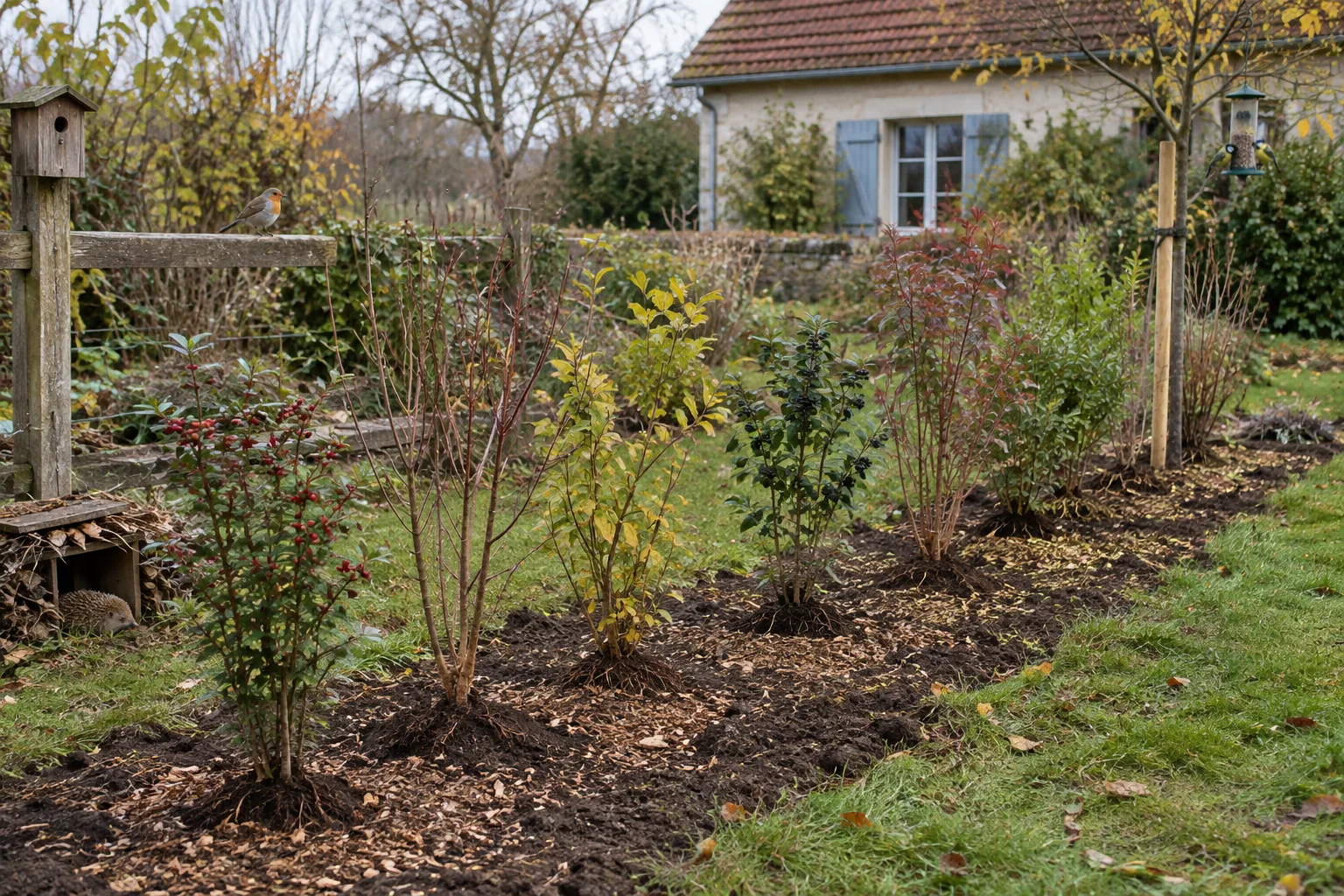 Jeunes arbustes variés plantés en quinconce dans un jardin à l’automne.