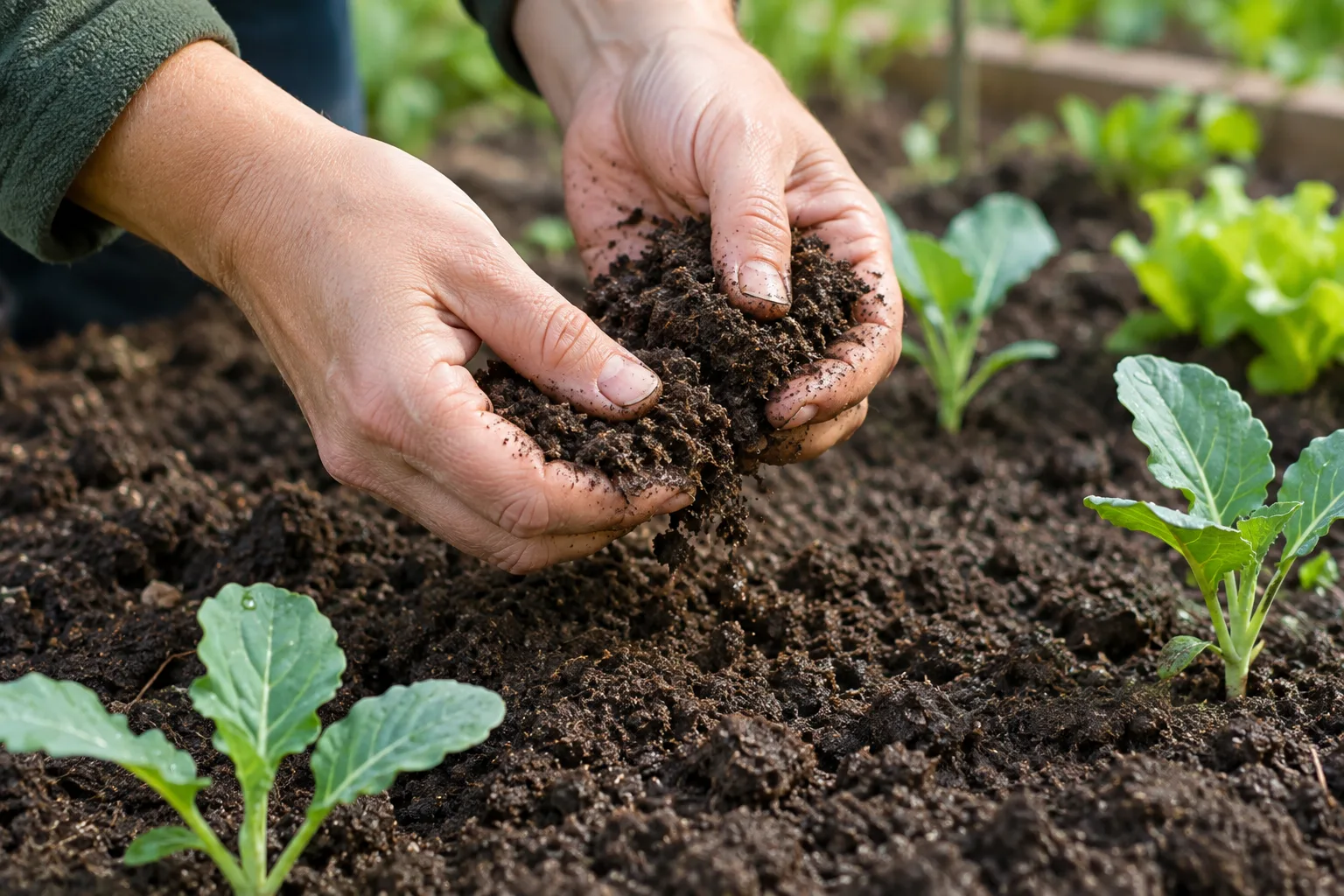 Des mains évaluent la texture d’une terre de potager avant les semis de printemps.