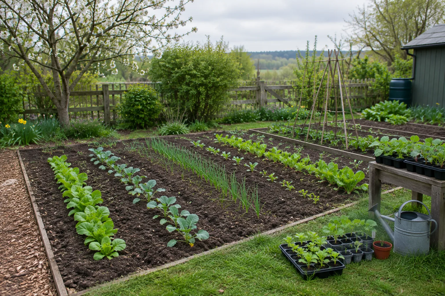 Planches de potager préparées au printemps avec de jeunes pousses et des semis en godets.