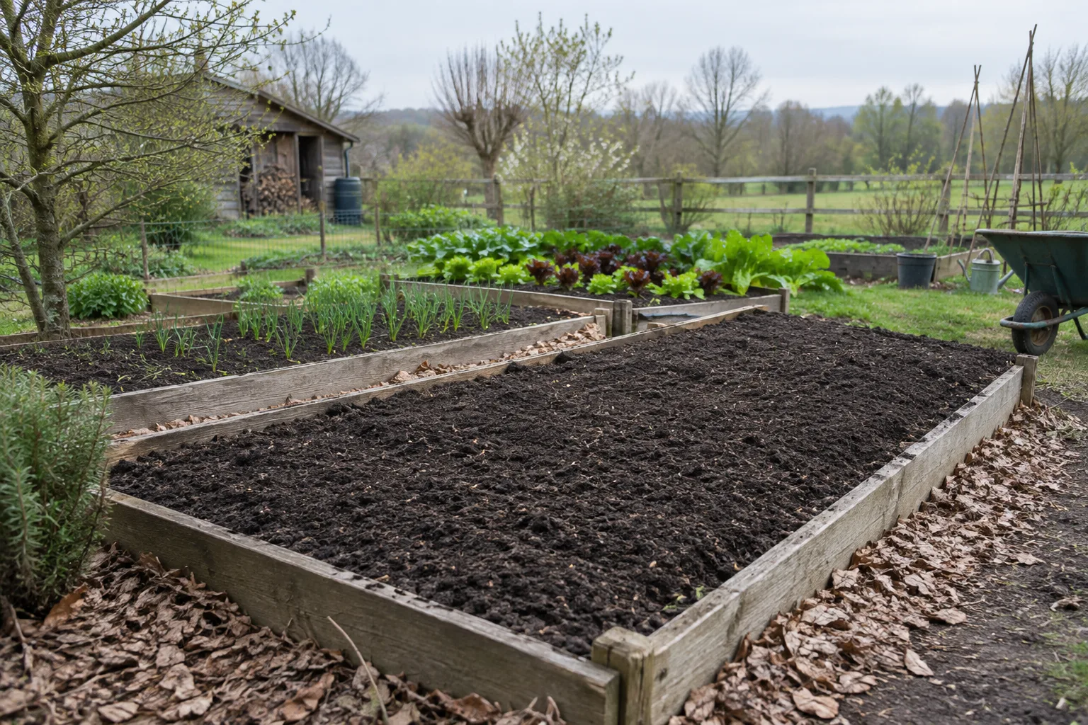 Planches de potager au début du printemps, avec une terre sombre et légèrement ameublie.