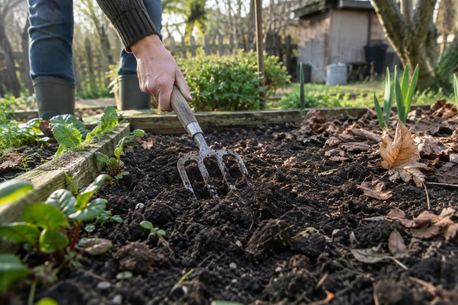 Une main vérifie la terre d’une planche de potager au début du printemps.