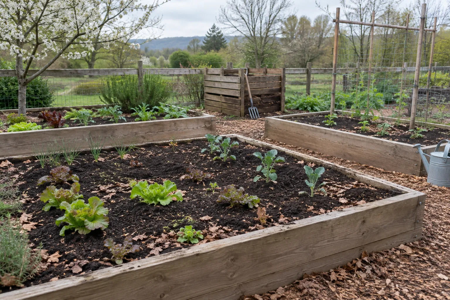 Planches de potager préparées au printemps avec du compost mûr et un paillage léger.