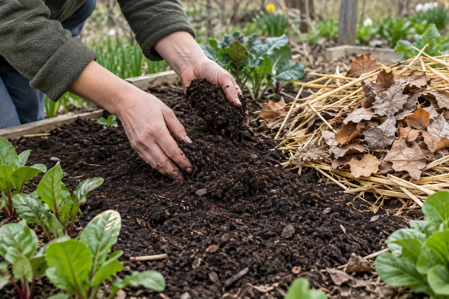 Une fine couche de compost mûr est étalée sur la terre d’une planche de potager.