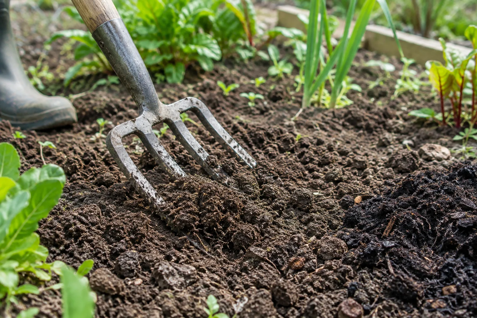 Une fourche-bêche soulève doucement la surface d’une terre de potager, près d’un peu de compost mûr.