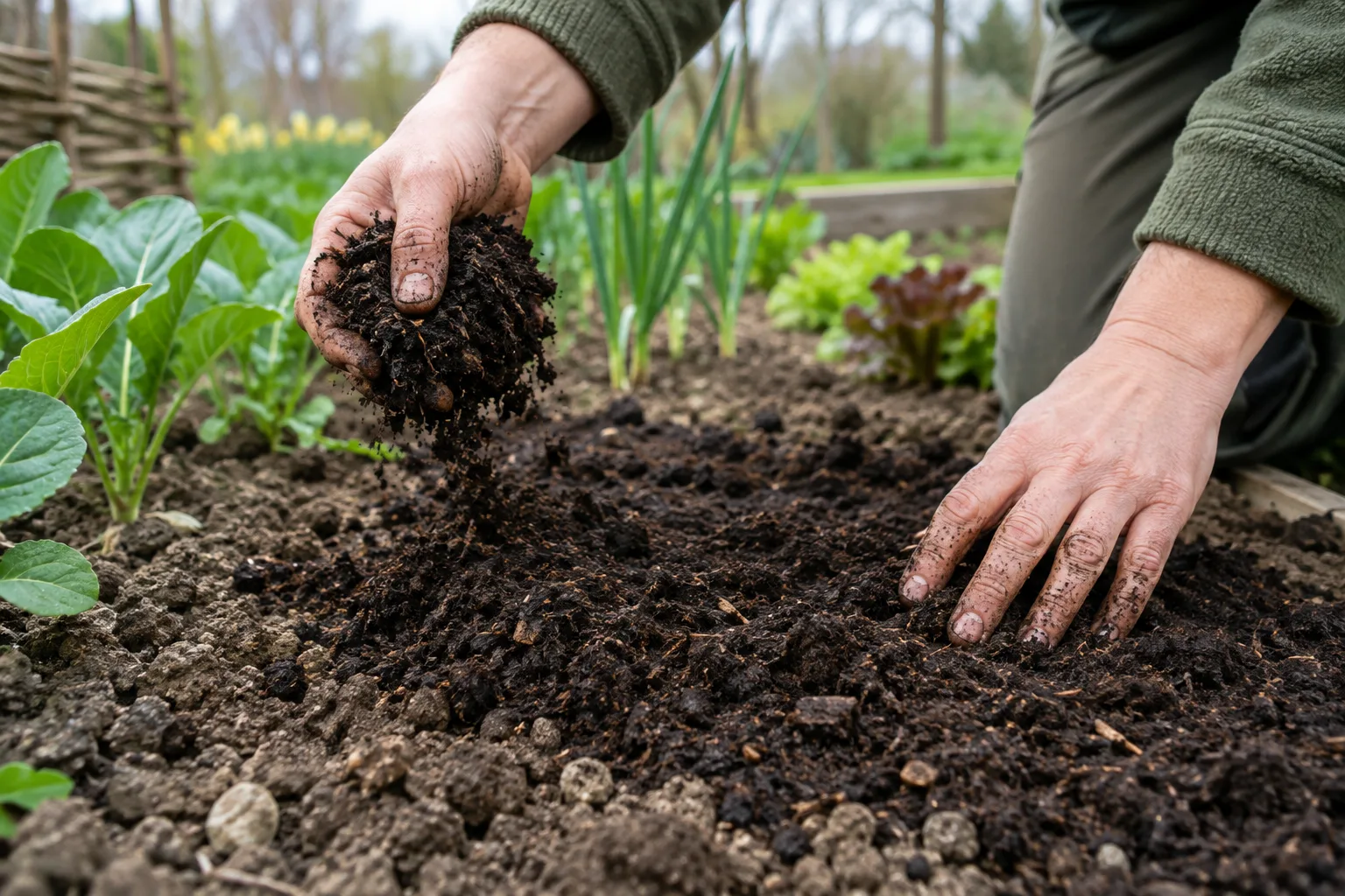 Une fine couche de compost mûr est étalée sur la terre d’une planche de potager.