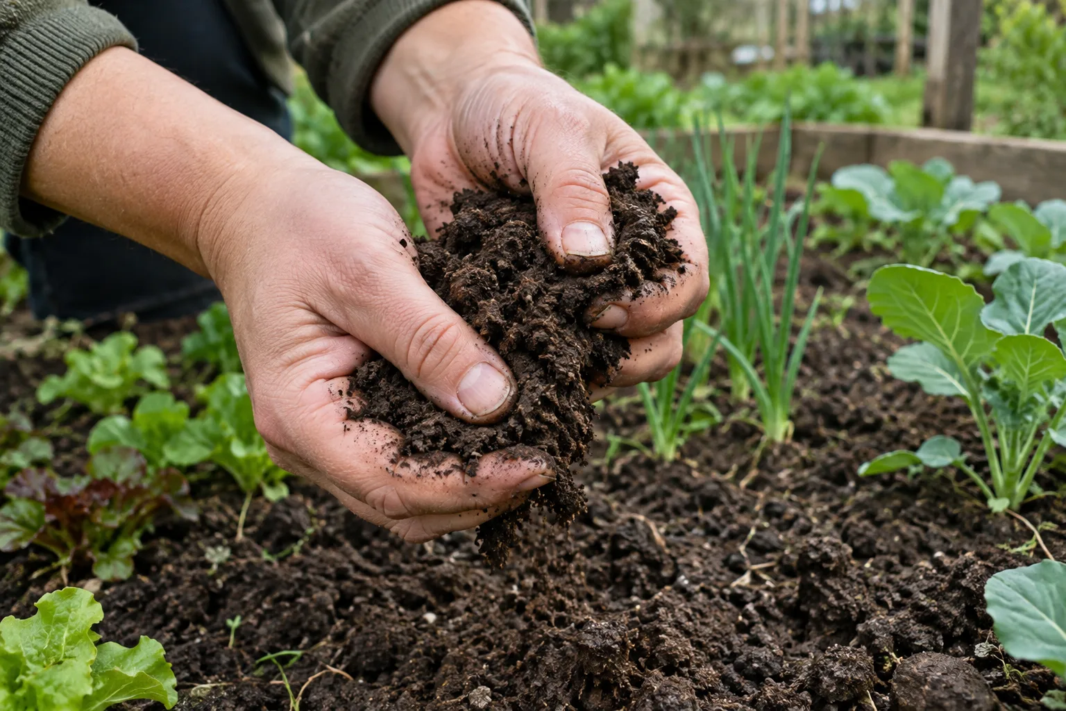 Des mains testent une poignée de terre au-dessus d’une planche de potager.