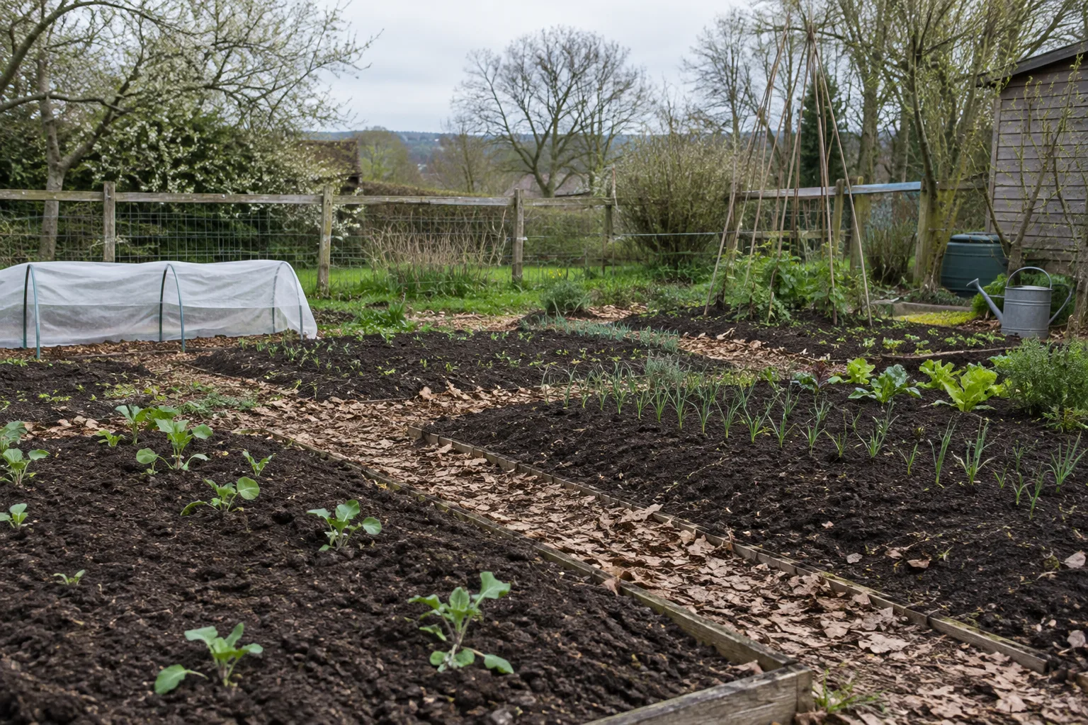 Planches de potager au début du printemps, avec une terre sombre, quelques jeunes pousses et un paillage léger.