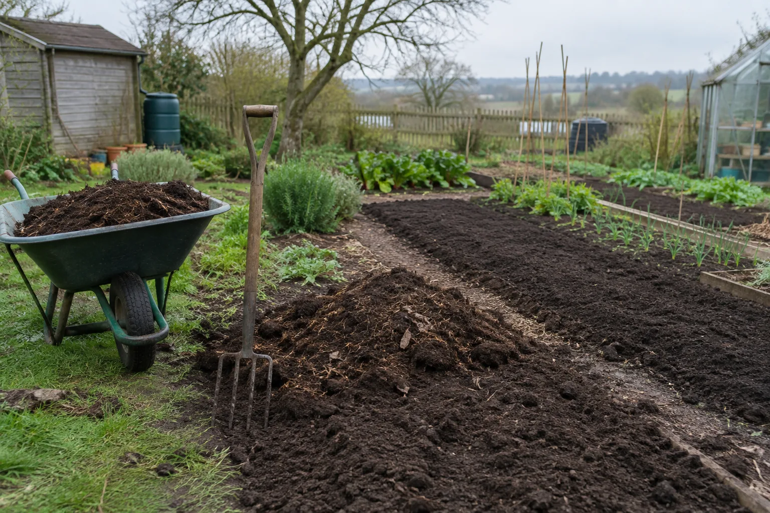Planches de potager préparées au printemps avec une fourche-bêche et du compost mûr en surface.