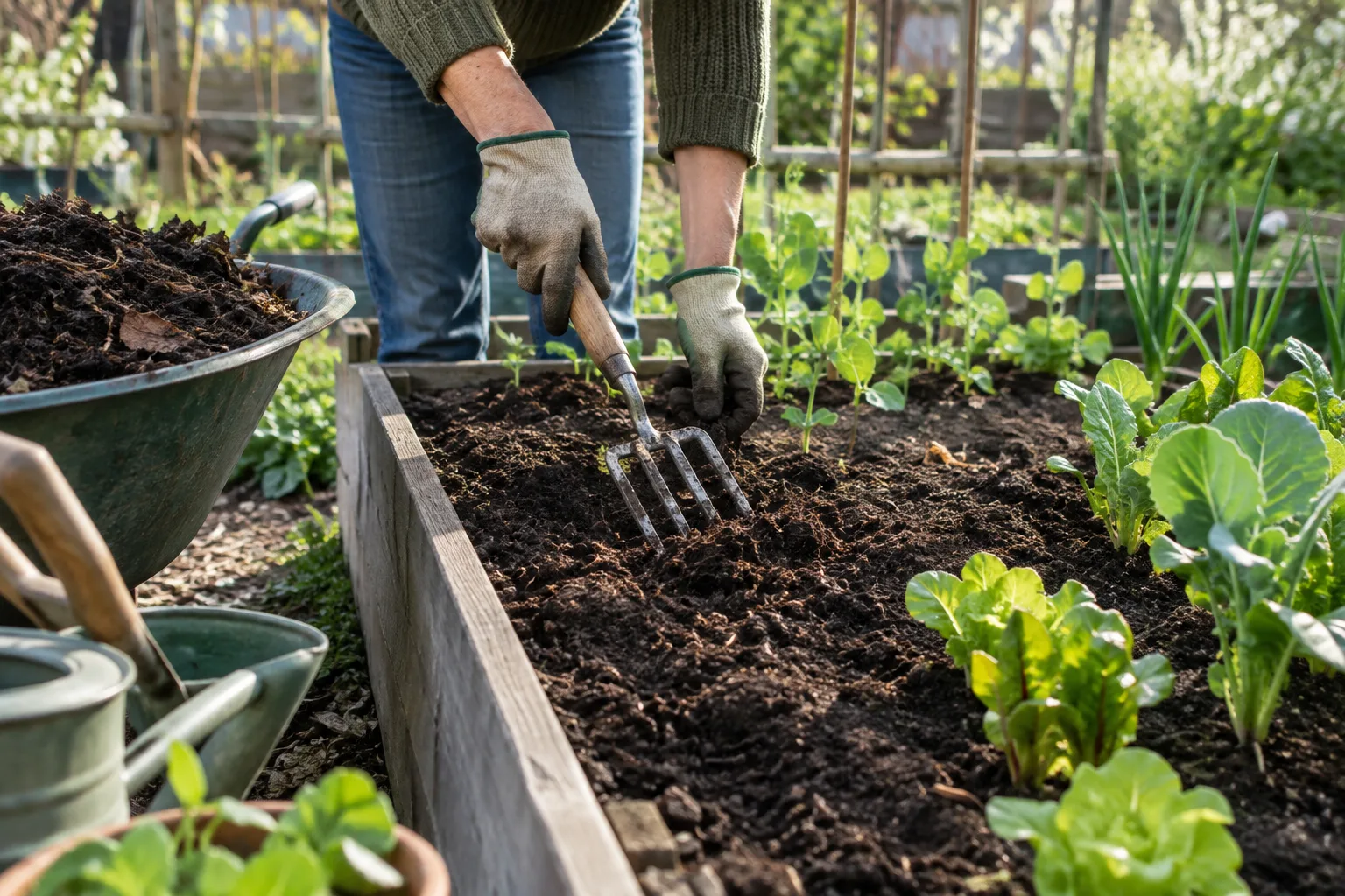 Une main examine une terre de potager meuble au printemps.