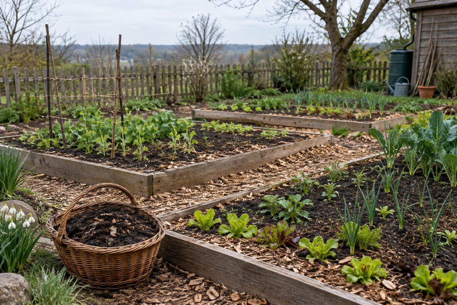 Planches de potager au début du printemps, avec de jeunes pousses et un paillage léger.