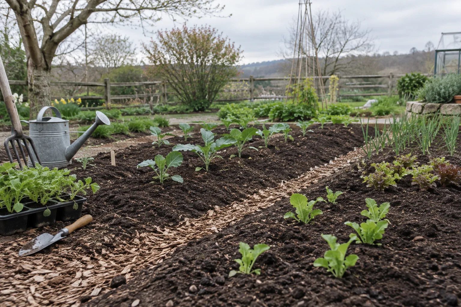 Planches de potager au début du printemps, avec une terre couverte de paillage et quelques jeunes plants.