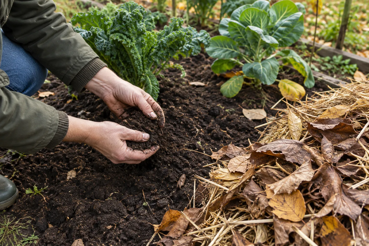 Une main vérifie l’humidité de la terre avant la pose d’un paillage léger.