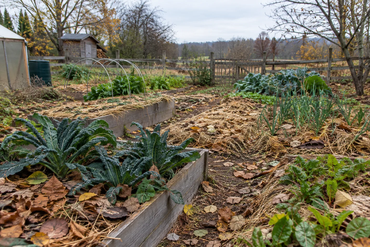 Planches de potager couvertes de feuilles mortes et de paille à l’approche de l’hiver.