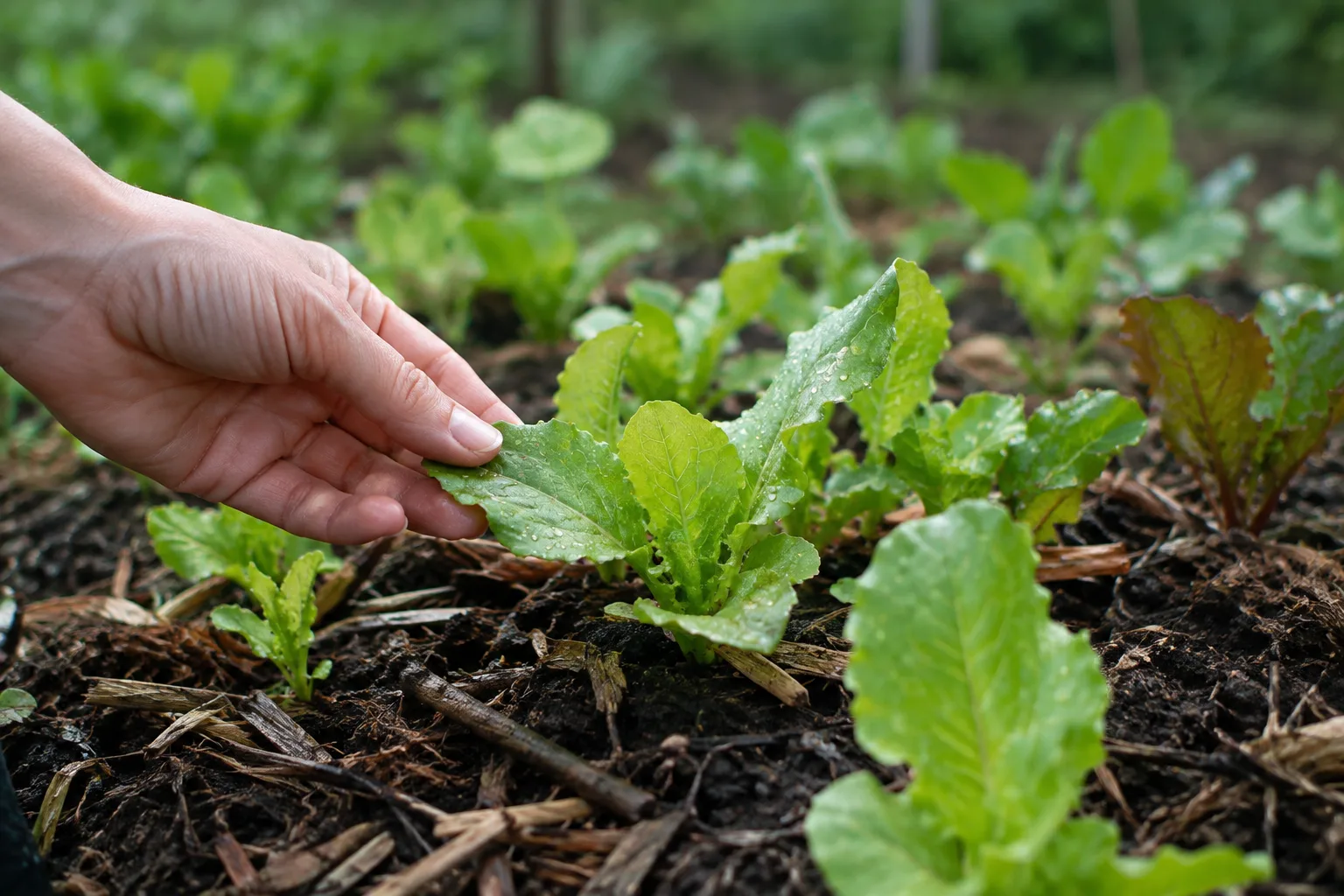 Jeunes plants de salade inspectés après la pluie dans un potager paillé.