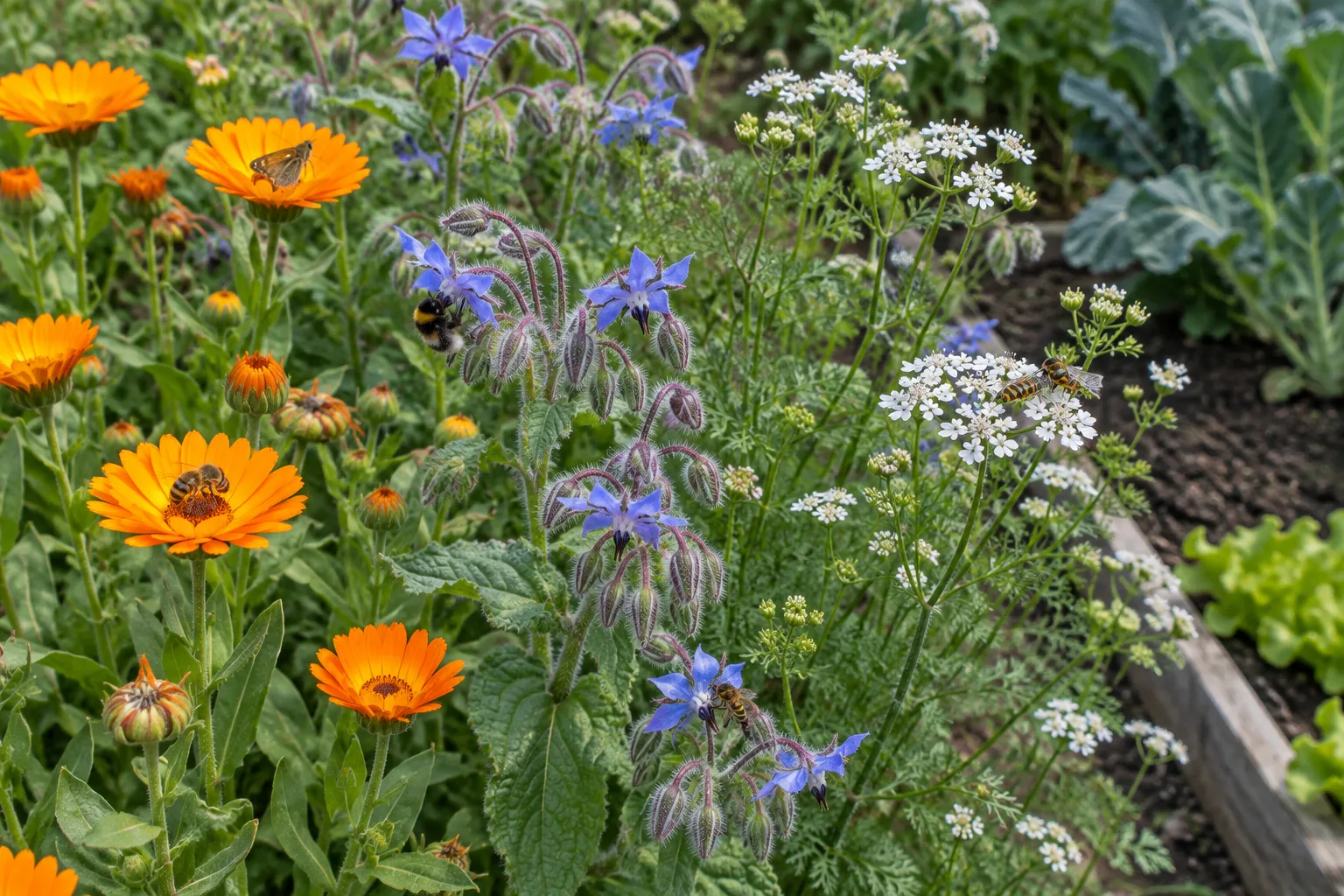 Souci, bourrache et coriandre en fleurs près des légumes, avec des insectes en visite.