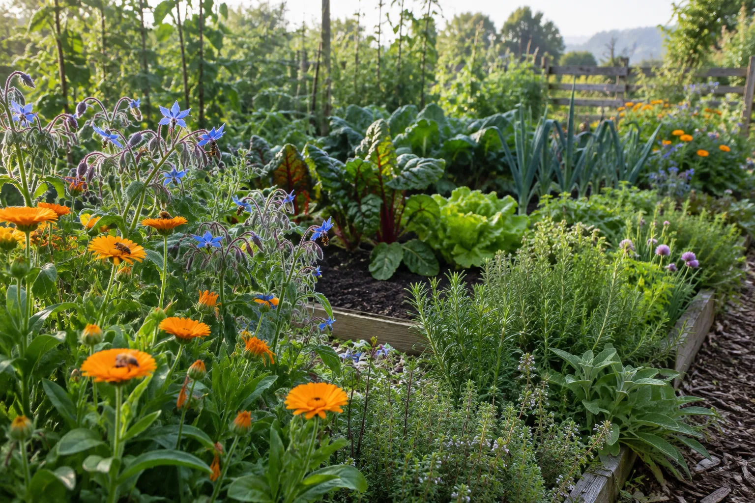 Fleurs de souci et de bourrache en bordure d’un potager, visitées par des insectes.