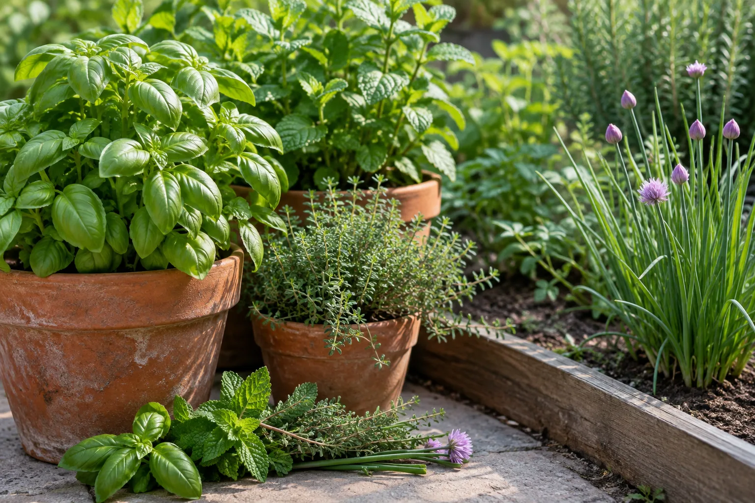 Plants de basilic, menthe, thym et ciboulette dans un jardin d’été, avec quelques tiges fraîchement coupées.