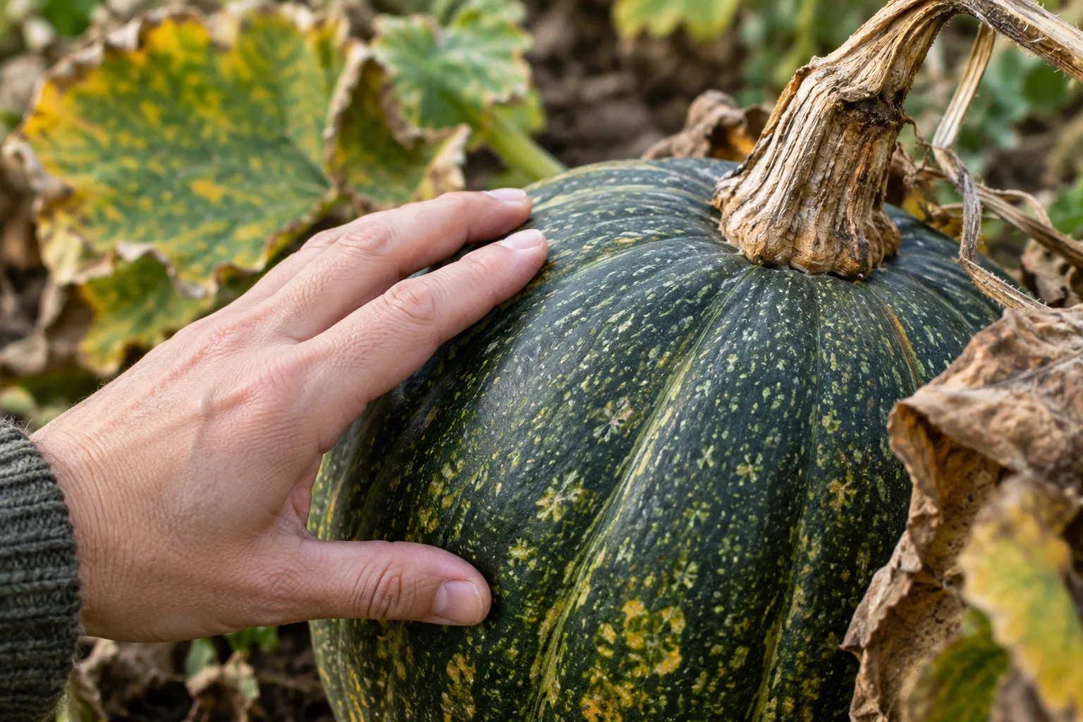 Une main vérifie la peau ferme d’une courge près de son pédoncule qui sèche.