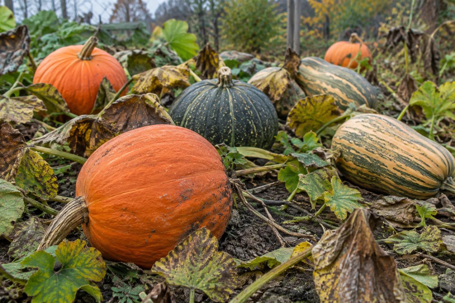 Des courges mûres reposent sur la terre dans un potager à l’automne.