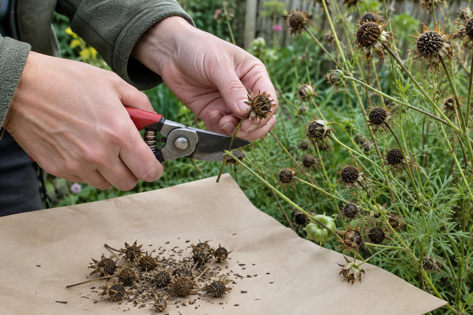 Des têtes de cosmos sèches sont coupées au-dessus d’une feuille de papier pour recueillir les graines.