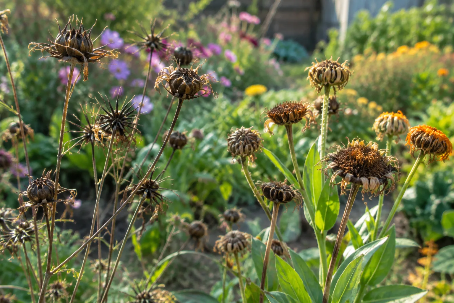 Têtes de fleurs séchées dans un jardin en fin d’été, prêtes à livrer leurs graines.