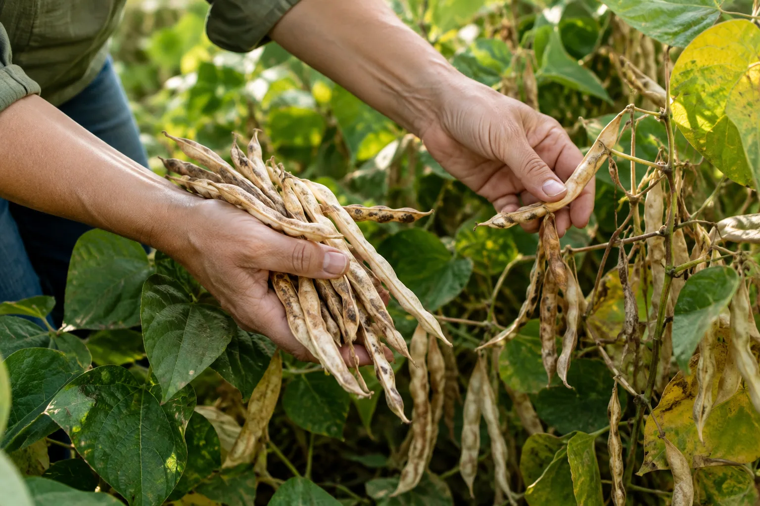 Des gousses de haricots sèches encore attachées à leurs plants dans un potager de fin d’été.