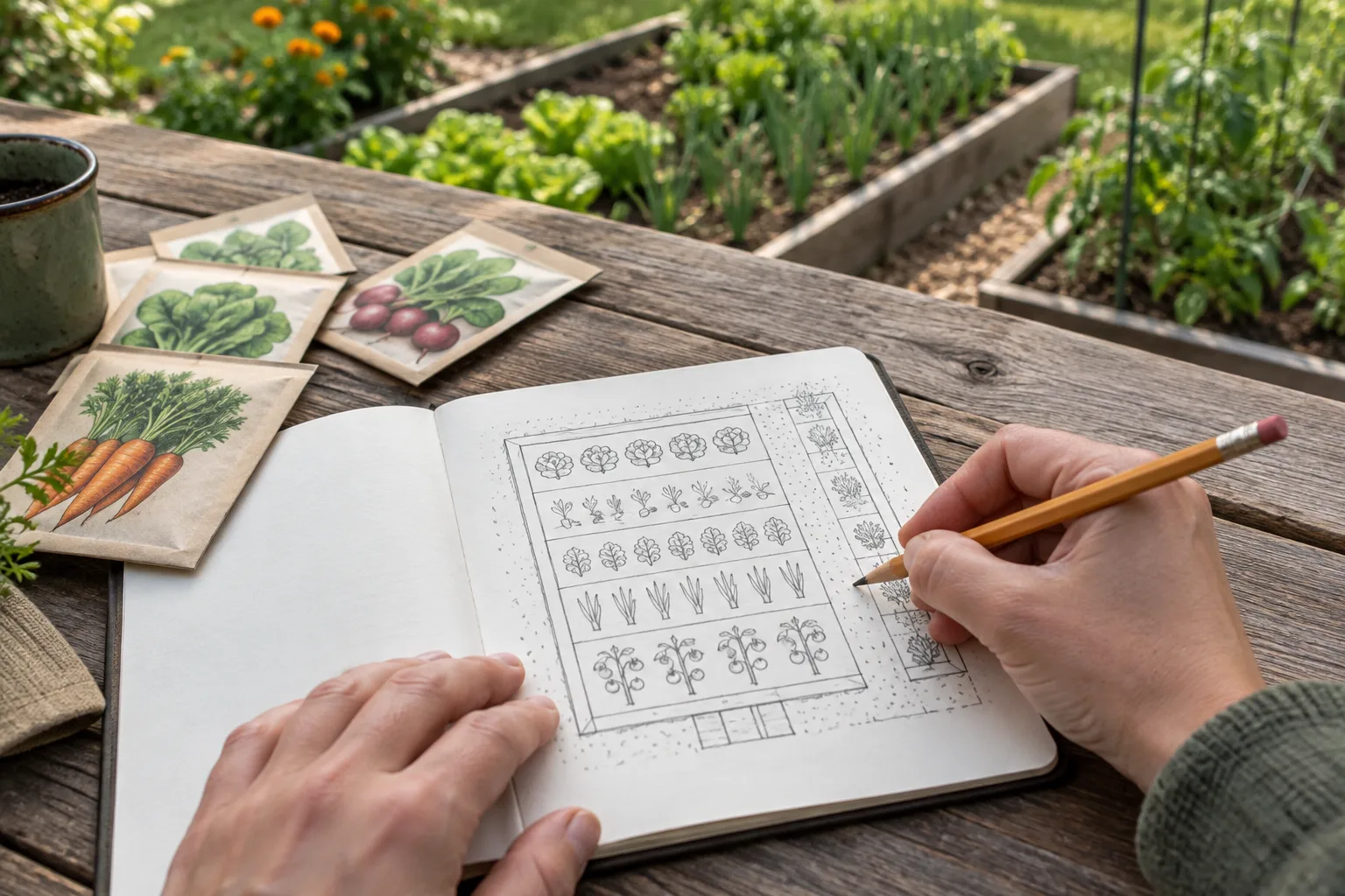 Carnet ouvert sur un plan de potager dessiné au crayon, près de quelques sachets de graines.