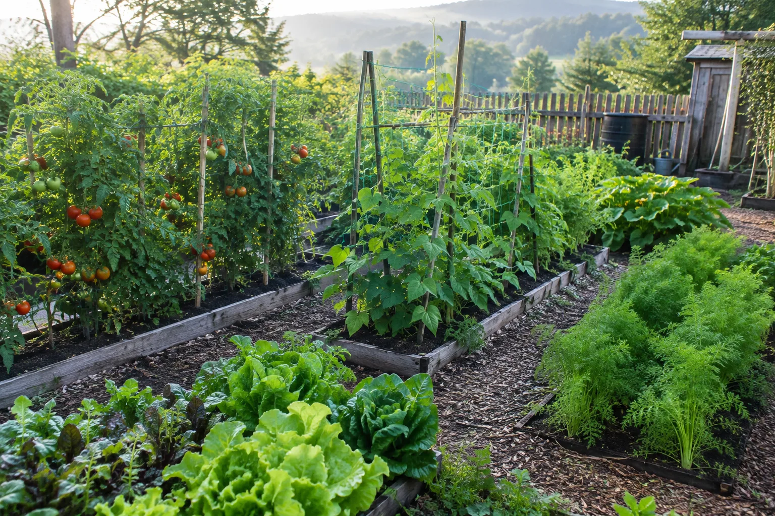 Planches de potager avec différentes familles de légumes cultivées côte à côte.
