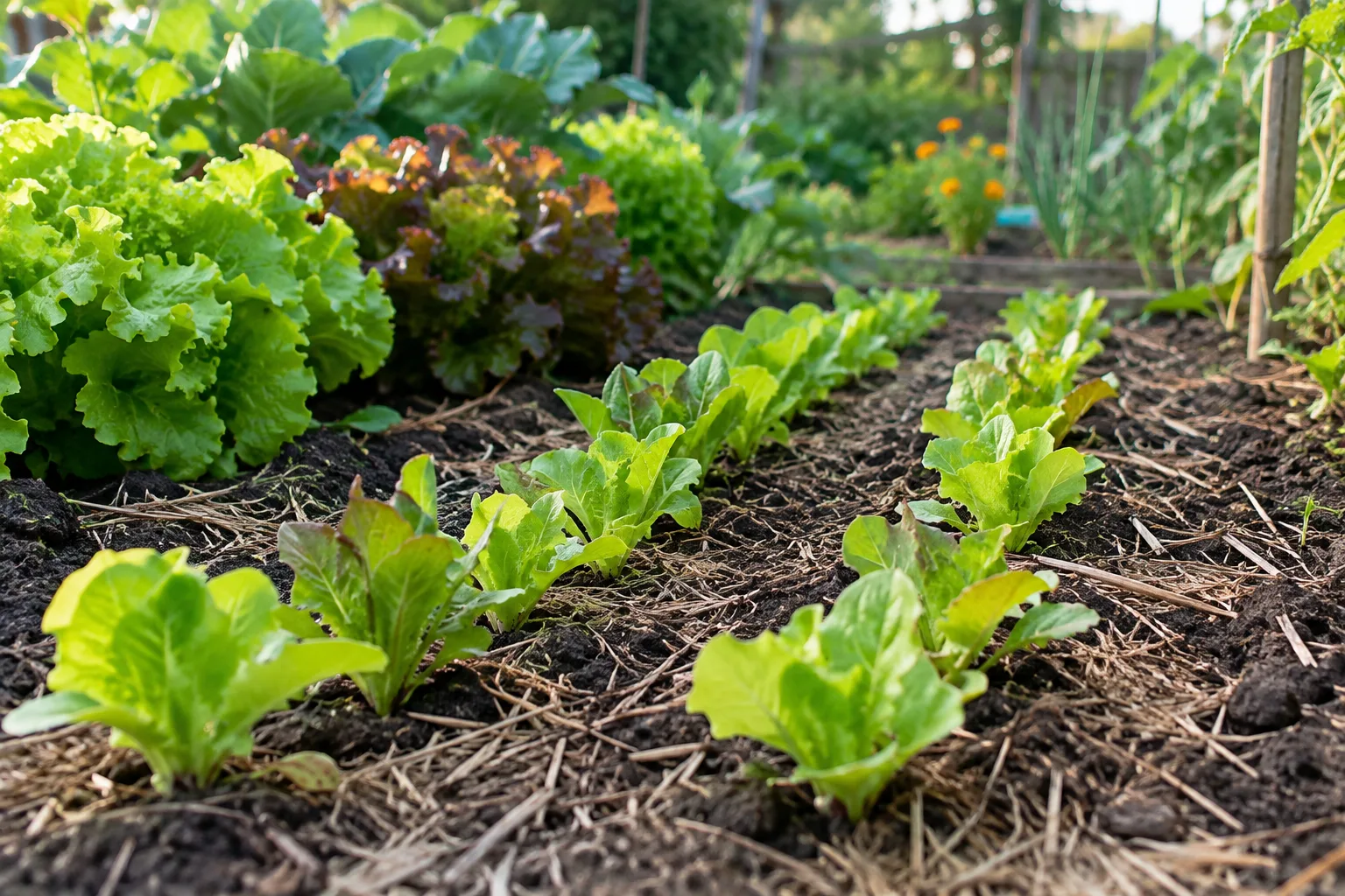 Jeunes laitues en rangs dans un potager de fin d’été.