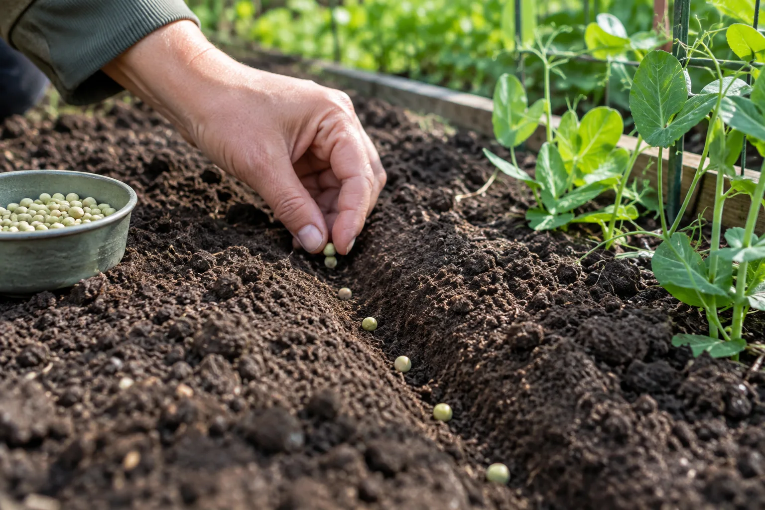 Une main dépose des graines de petits pois dans un sillon peu profond.