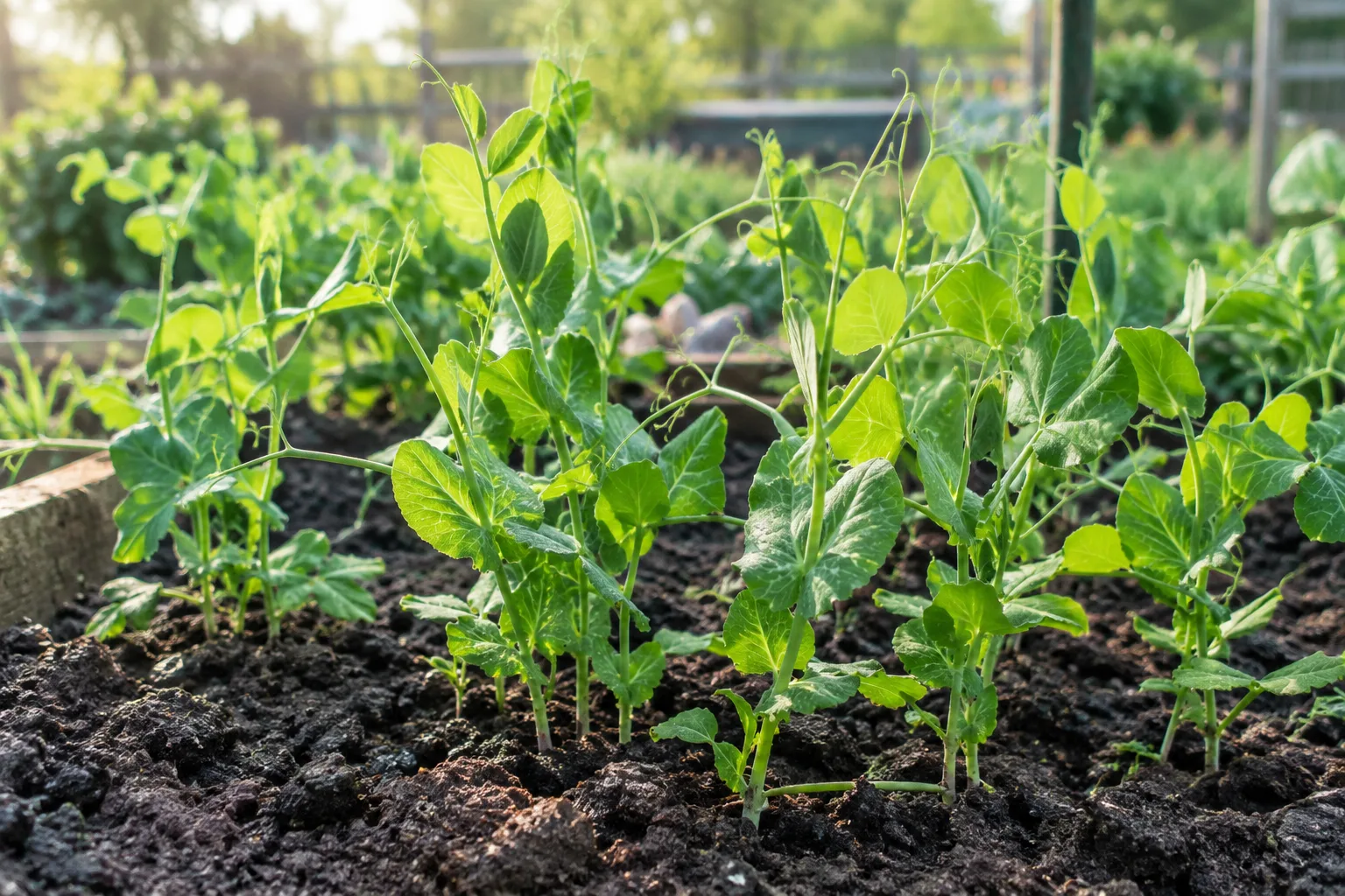 Jeunes plants de petits pois qui poussent dans la terre au printemps.