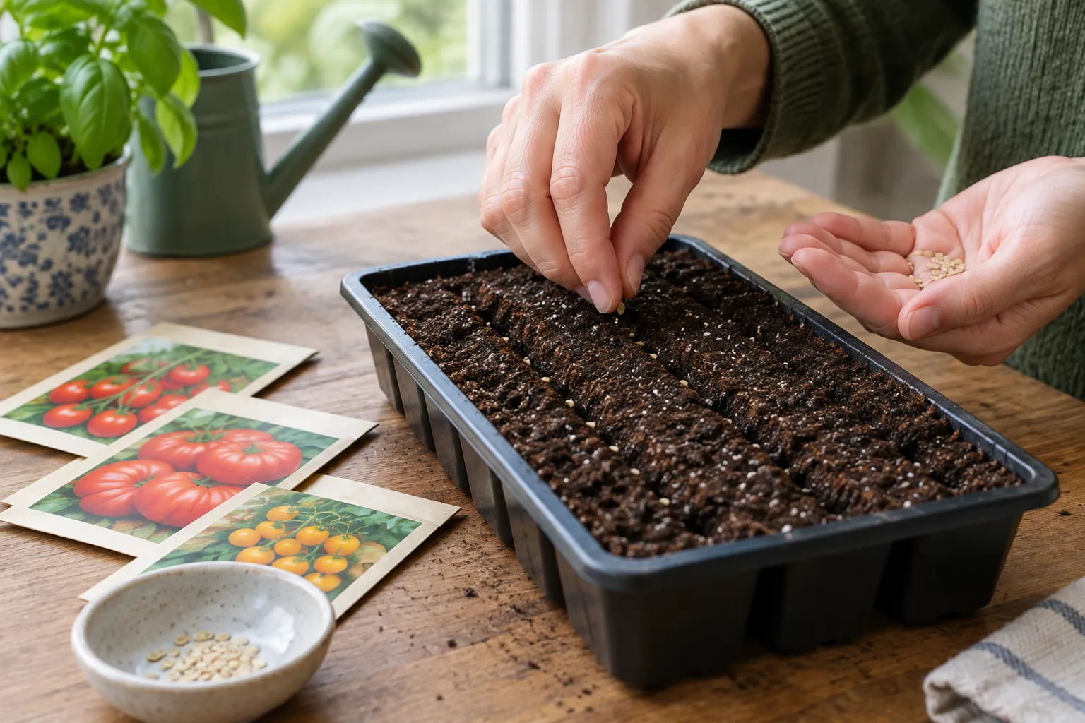 Des graines de tomate déposées dans un contenant rempli de terreau fin.