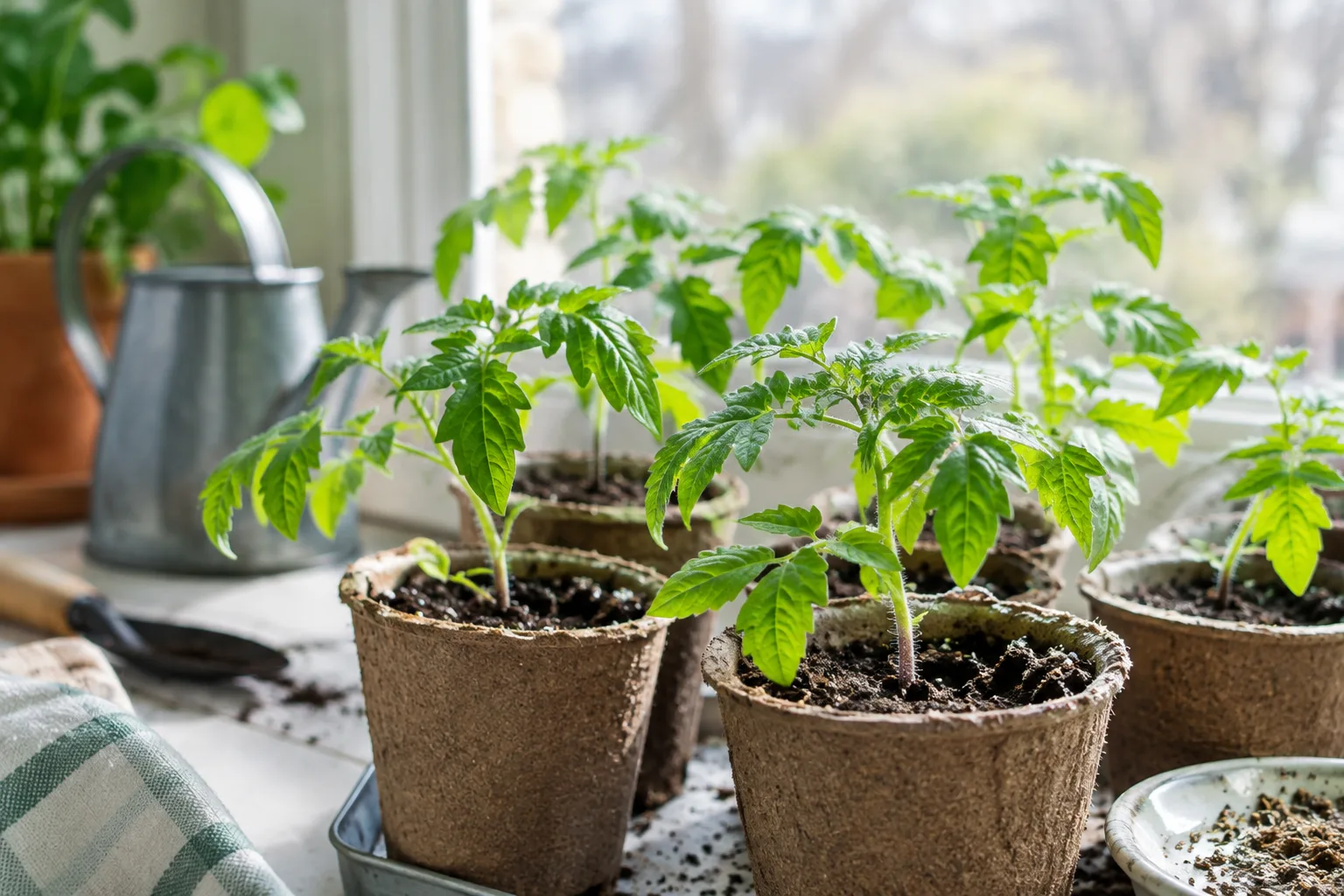 Jeunes plants de tomates en godets près d’une fenêtre lumineuse.