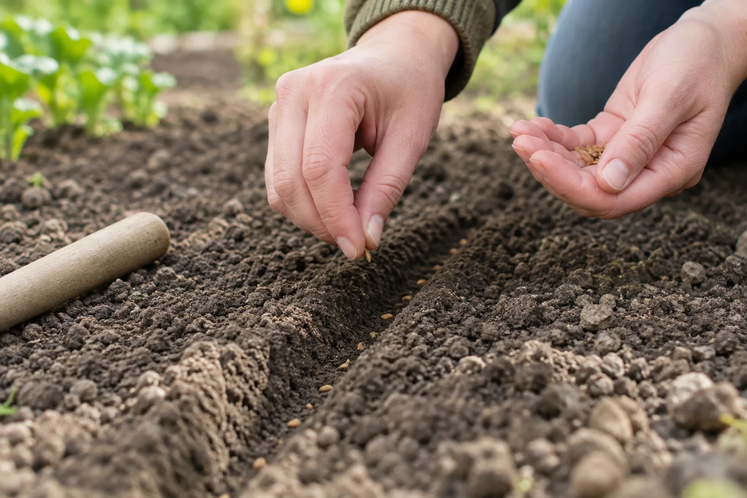 Des graines de carottes sont déposées dans un sillon peu profond tracé dans une terre fine.