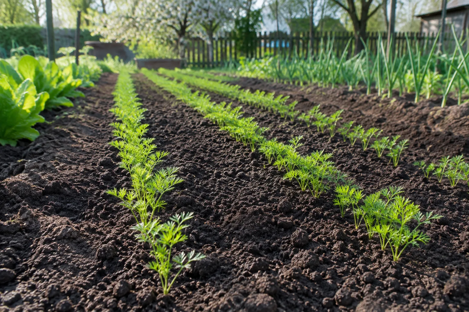 Jeunes pousses de carottes alignées dans une planche de potager au printemps.