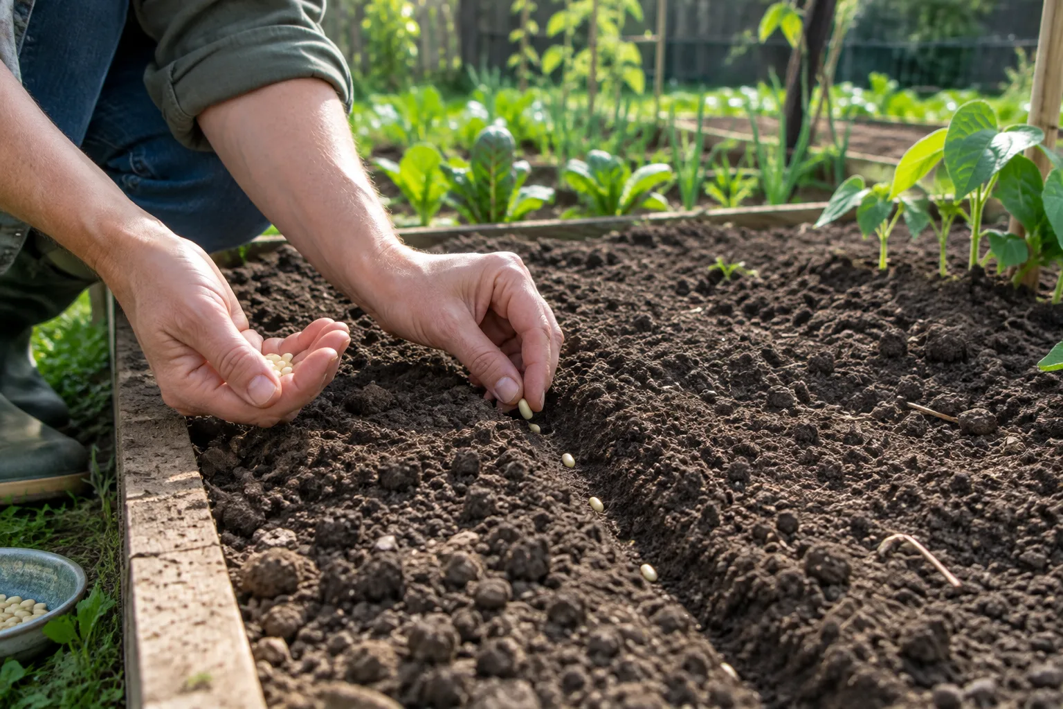 Des graines de haricots verts déposées dans un sillon de terre préparé au potager.