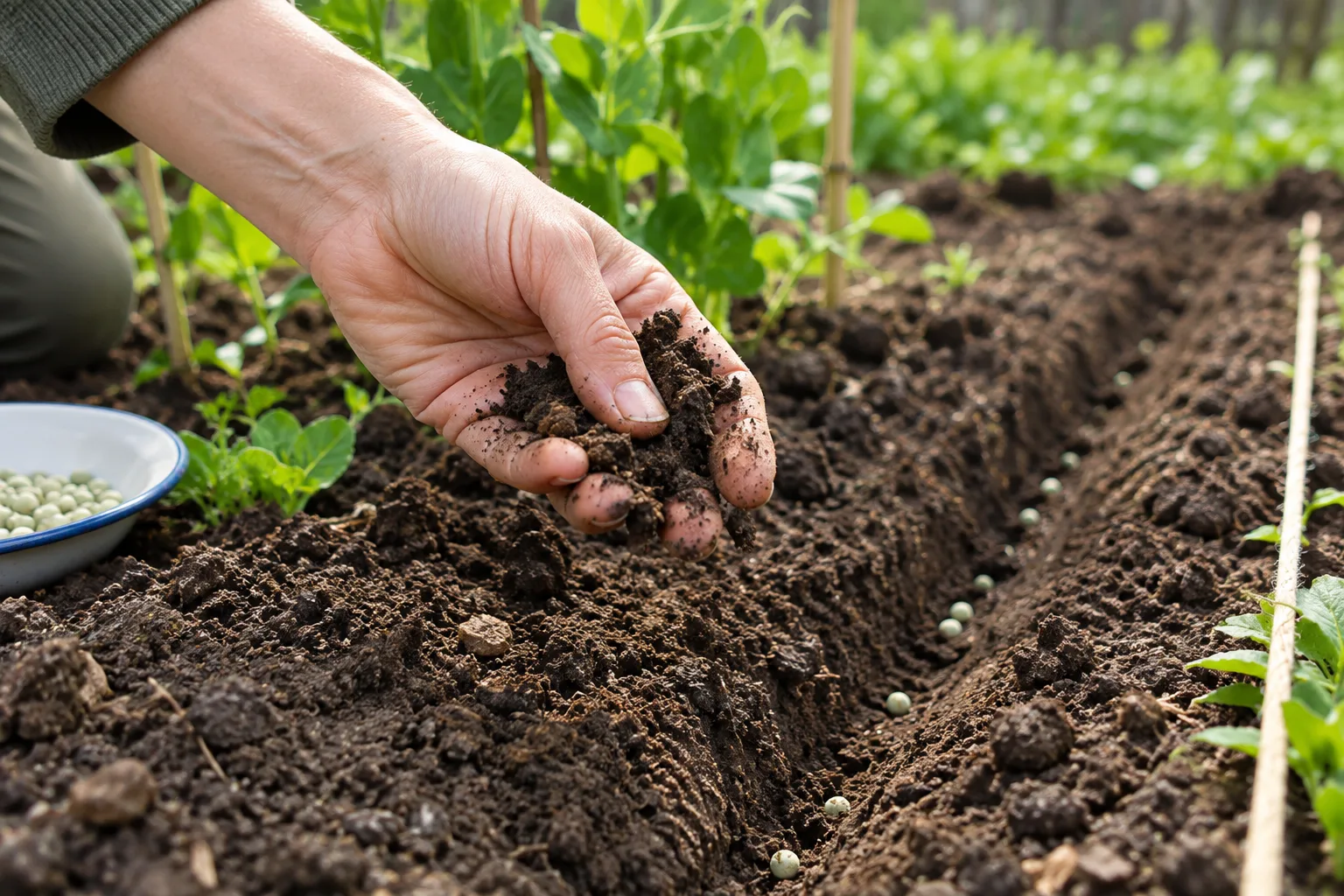 Une main vérifie que la terre du potager est friable avant le semis des petits pois.