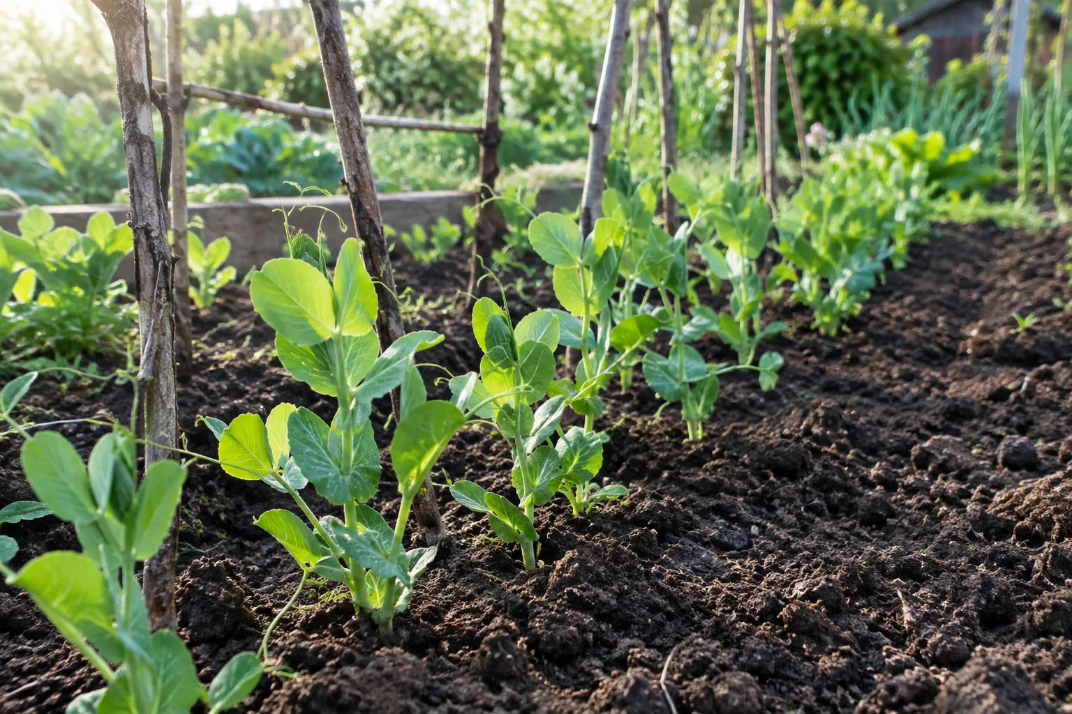 Jeunes pousses de petits pois alignées dans une terre ameublie au printemps.