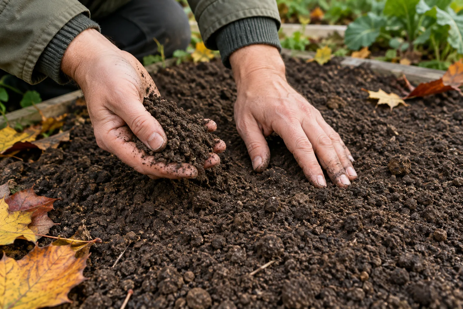 Des mains vérifient la terre d’une parcelle avant le semis d’un engrais vert.