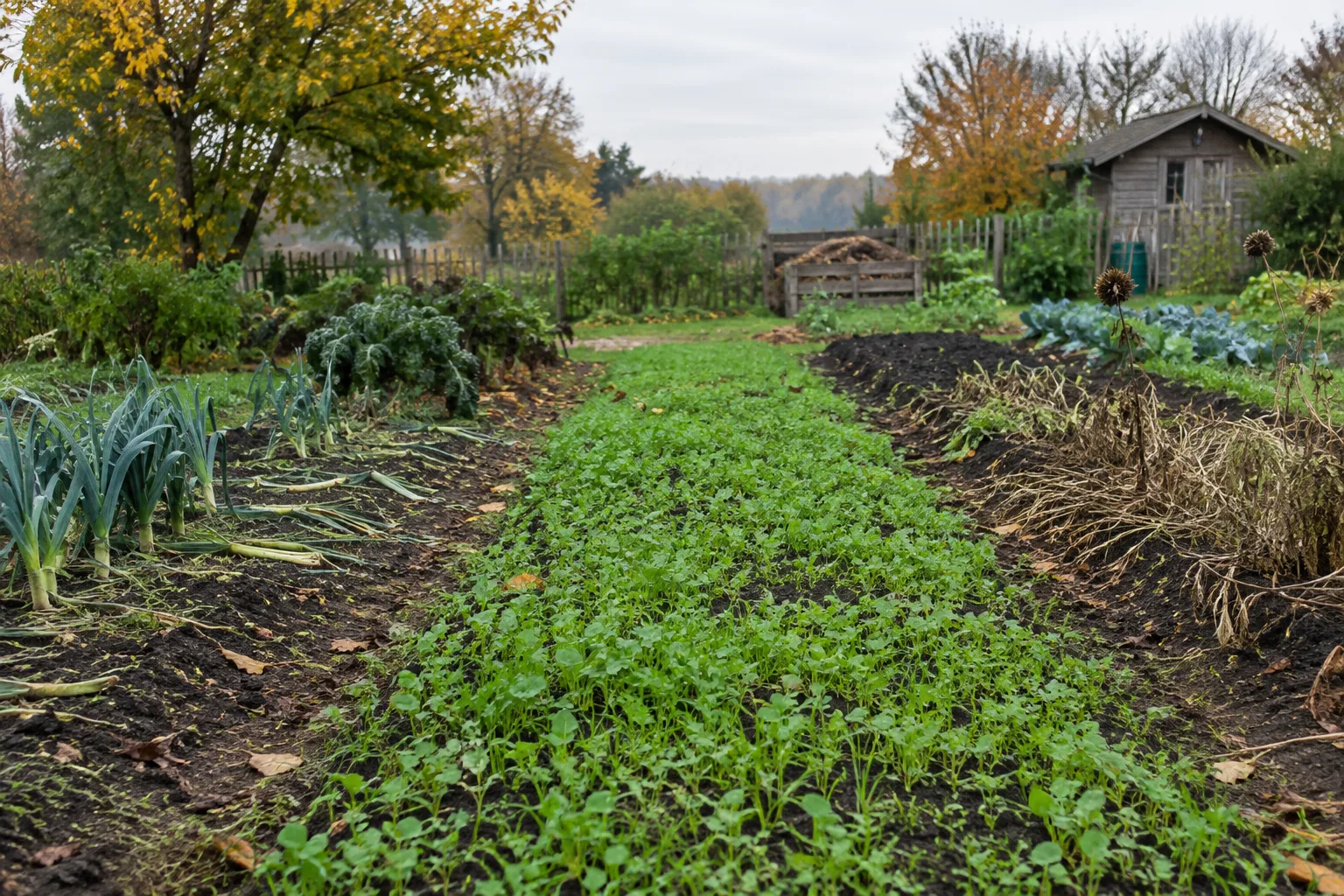 Jeunes pousses d’engrais vert couvrant une parcelle du potager à l’automne.